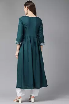 Teal-green embroidered rayon ethnic-kurtis