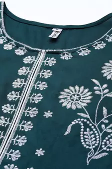 Teal-green embroidered rayon ethnic-kurtis