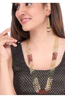 10 Lines Indian Royal Premium Pearl Chain Multi Layered Necklace set with Matching Earrings