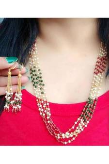 Indian Royal Premium Pearl Chain Multi Layered Necklace set with Matching Earrings