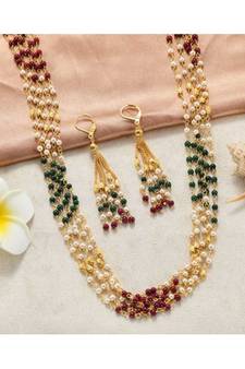 Indian Royal Premium Pearl Chain Multi Layered Necklace set with Matching Earrings