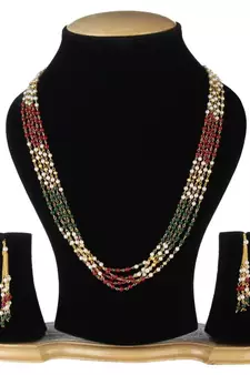 Indian Royal Premium Pearl Chain Multi Layered Necklace set with Matching Earrings