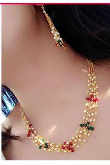 Indian Royal Premium Pearl Chain Multi Layered Necklace set with Matching Earrings