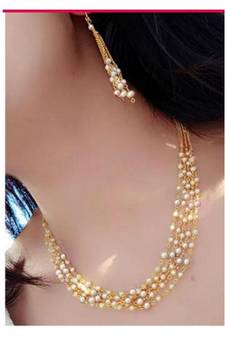 Indian Royal Premium Pearl Chain Multi Layered Necklace set with Matching Earrings