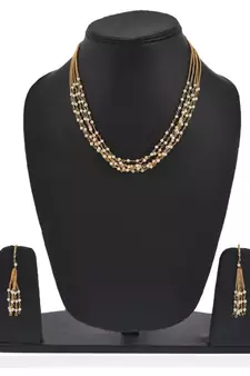 Indian Royal Premium Pearl Chain Multi Layered Necklace set with Matching Earrings