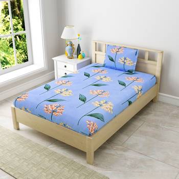 MNP Collection Single Fitted Bedsheet Sky Blue Leaves Print  / 72 X 78 X 6 inch 1