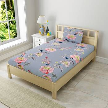 MNP Collection Fitted Single Bedsheet Grey Color with Printed Floral Bedsheet 1