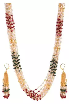 10 Lines Indian Royal Premium Pearl Chain Multi Layered Necklace set with Matching Earrings