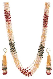 10 LINES Indian Royal Premium Pearl Chain Multi Layered Necklace set with Matching Earrings