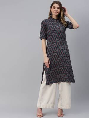 Navy-blue printed cotton ethnic-kurtis 1