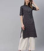 Navy-blue printed cotton ethnic-kurtis