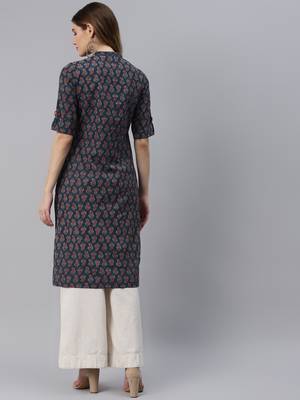 Navy-blue printed cotton ethnic-kurtis 3