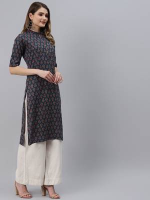 Navy-blue printed cotton ethnic-kurtis 4