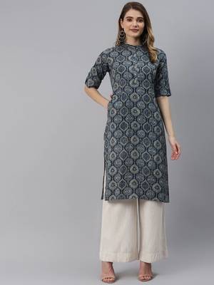 Navy-blue printed cotton ethnic-kurtis 1