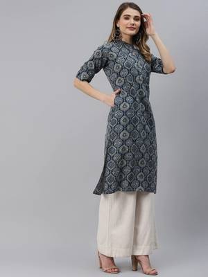 Navy-blue printed cotton ethnic-kurtis 4