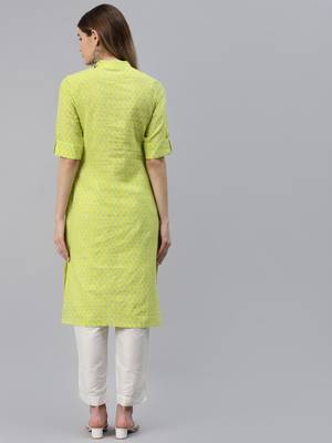 Yellow printed cotton ethnic-kurtis 3