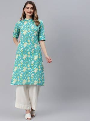 Aqua-blue printed cotton ethnic-kurtis 1