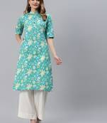 Aqua-blue printed cotton ethnic-kurtis
