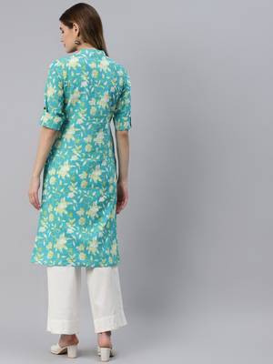 Aqua-blue printed cotton ethnic-kurtis 3