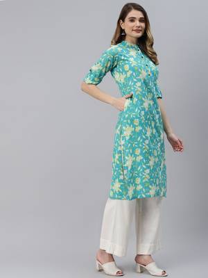 Aqua-blue printed cotton ethnic-kurtis 4