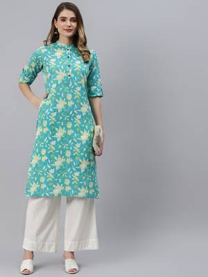 Aqua-blue printed cotton ethnic-kurtis 5