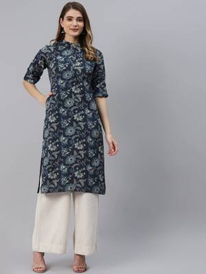 Navy-blue printed cotton ethnic-kurtis 1