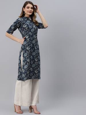 Navy-blue printed cotton ethnic-kurtis 4