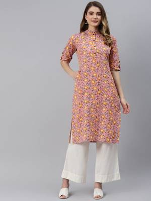 Baby-pink printed cotton ethnic-kurtis 1