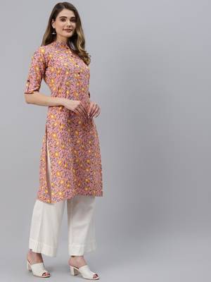 Baby-pink printed cotton ethnic-kurtis 4