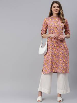 Baby-pink printed cotton ethnic-kurtis 5
