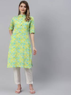 Yellow printed cotton ethnic-kurtis 1