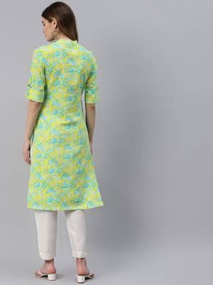 Yellow printed cotton ethnic-kurtis 3