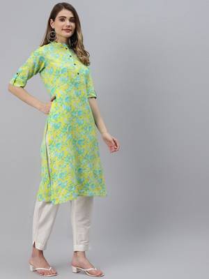 Yellow printed cotton ethnic-kurtis 4