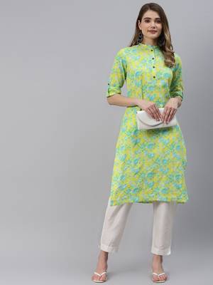 Yellow printed cotton ethnic-kurtis 5