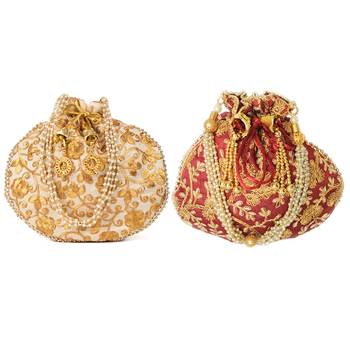 Women's Stylish Traditional Potli Clutch Bag Combo Golden, Maroon (Pack of 2) 1