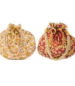 Women's Stylish Traditional Potli Clutch Bag Combo Golden, Maroon (Pack of 2)
