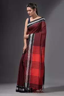 Wine Red handwoven cotton dual tone saree