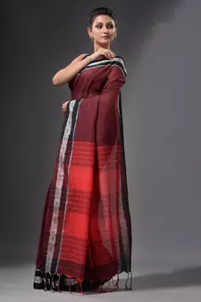 Wine Red handwoven cotton dual tone saree