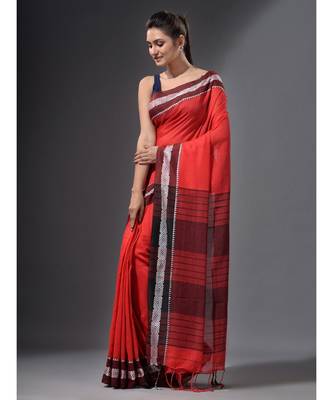 Orange handwoven cotton dual tone saree 3