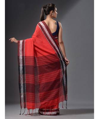 Orange handwoven cotton dual tone saree 5