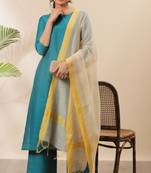 Teal self design silk blend salwar