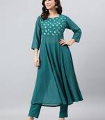 Teal-green foilage print crepe salwar