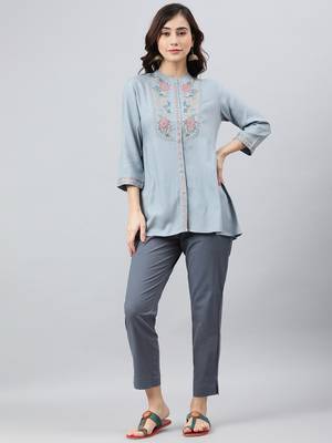 Blue embroidered viscose rayon tunics 1