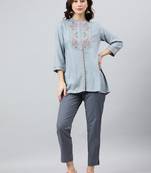 Blue embroidered viscose rayon tunics