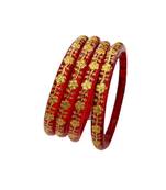 Inner Brass Gold Work Flower Design Premium Quality 4 Pcs Designer Red Bangle