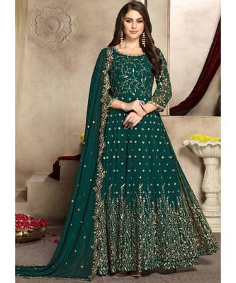 Dark Teal Zari Embroidered Anarkali Suit 1