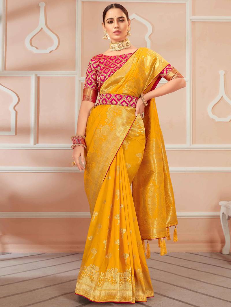Mustard woven banarasi silk saree with blouse