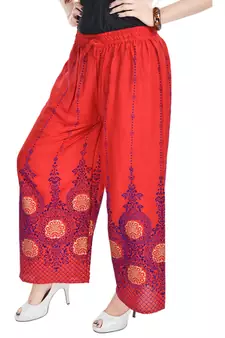 Red Cotton Embroidered Palazzo