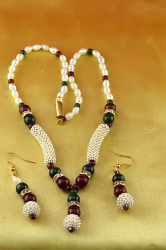 Moti Cz Pearl Stone Polki Kundun  Necklace With Earing