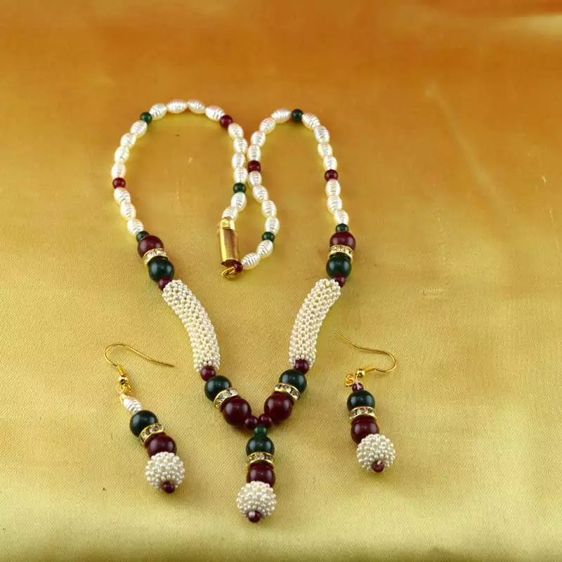 Moti Cz Pearl Stone Polki Kundun  Necklace With Earing